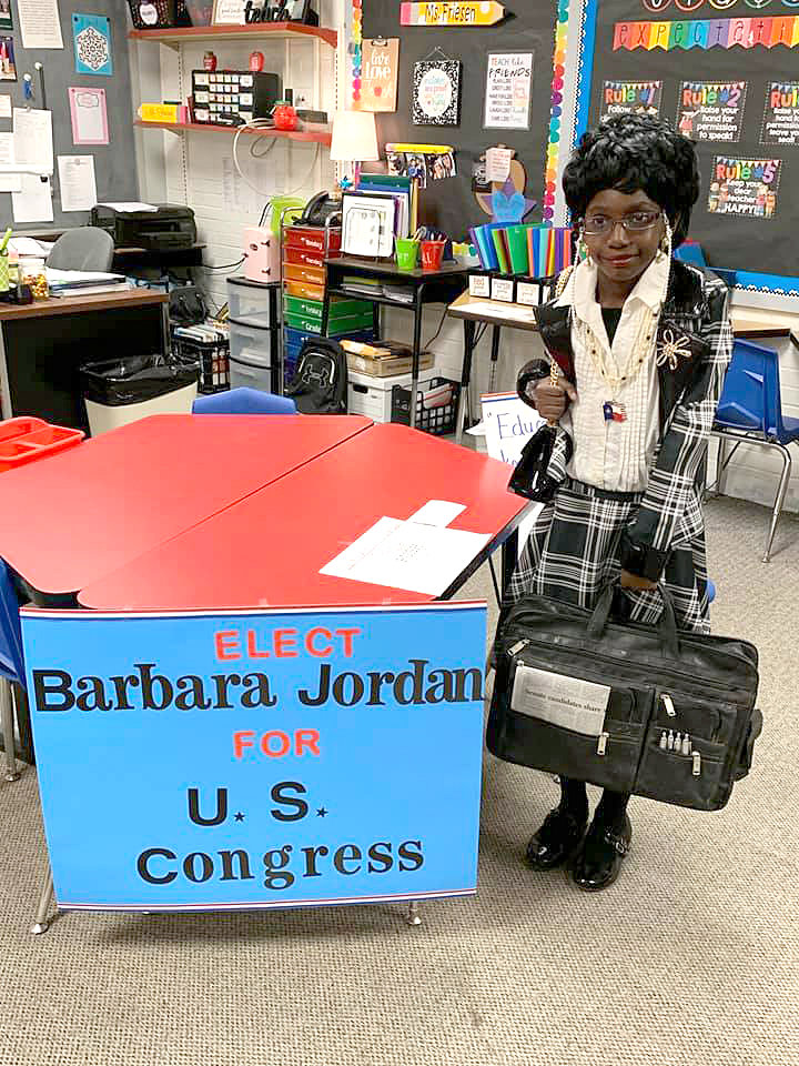 Fourth grader Skylee Jones portrayed Barbara Jordan, a lawyer, educator and politician who was a leader of the civil rights movement. (Monitor photo by Amanda Duncan)